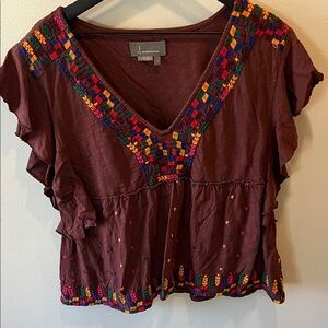 Anthropologie Multicolor Embroidered Brown Blouse